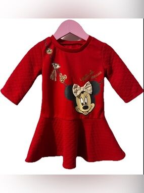 Disney-Minnie Mouse Dress Toddler Girls 2T Red Ruffle Quilted Hem 3D Bow